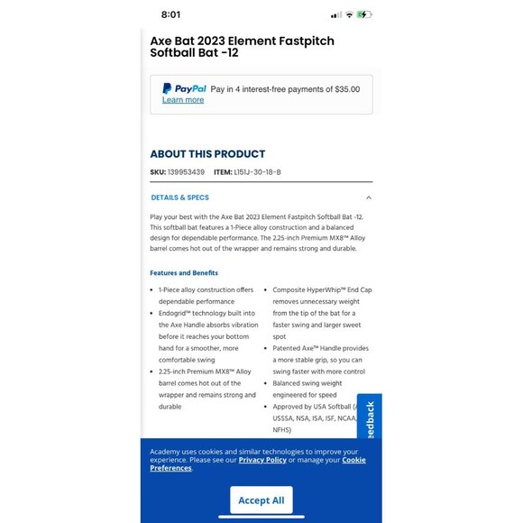 Axe Bat 2023 Element Fastpitch Softball Bat -12 29" - Picture 8 of 8